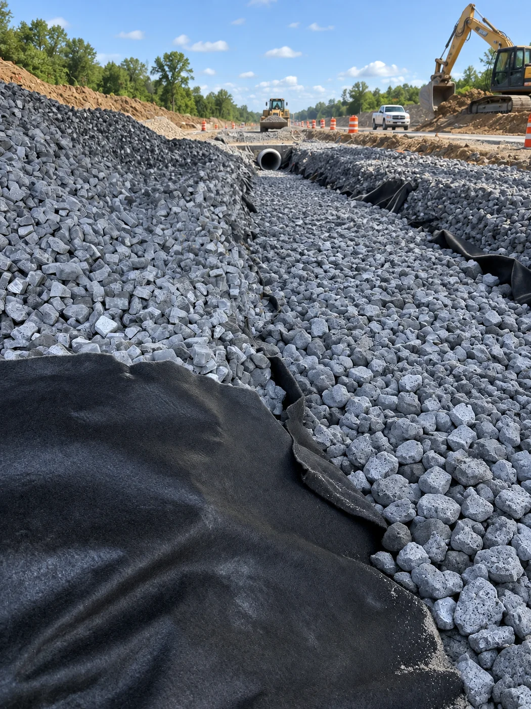 Foam glass aggregate placed within a road construction site
